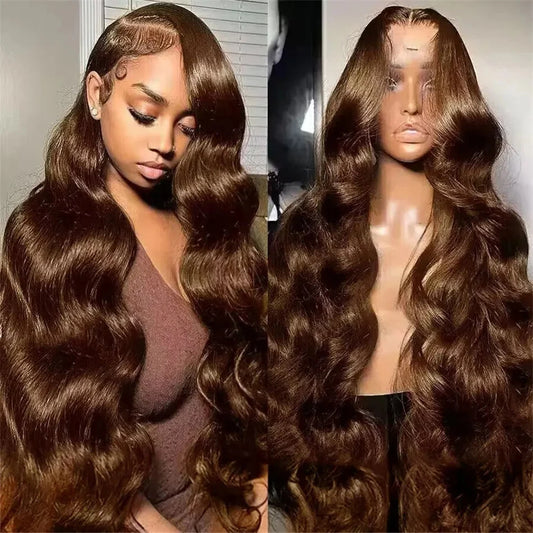 Perruque Lace Front Wig Body Wave brésilienne transparente HD, brun chocolat, brun foncé, 13x4, 28 ", 30", pre-plucked