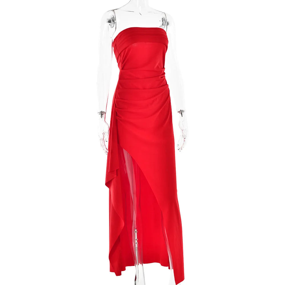 Robe Maxi fendue, épaules dénudées, élégante, taille haute, tenue de Club pour femmes, Sexy, sans bretelles, robe froncée