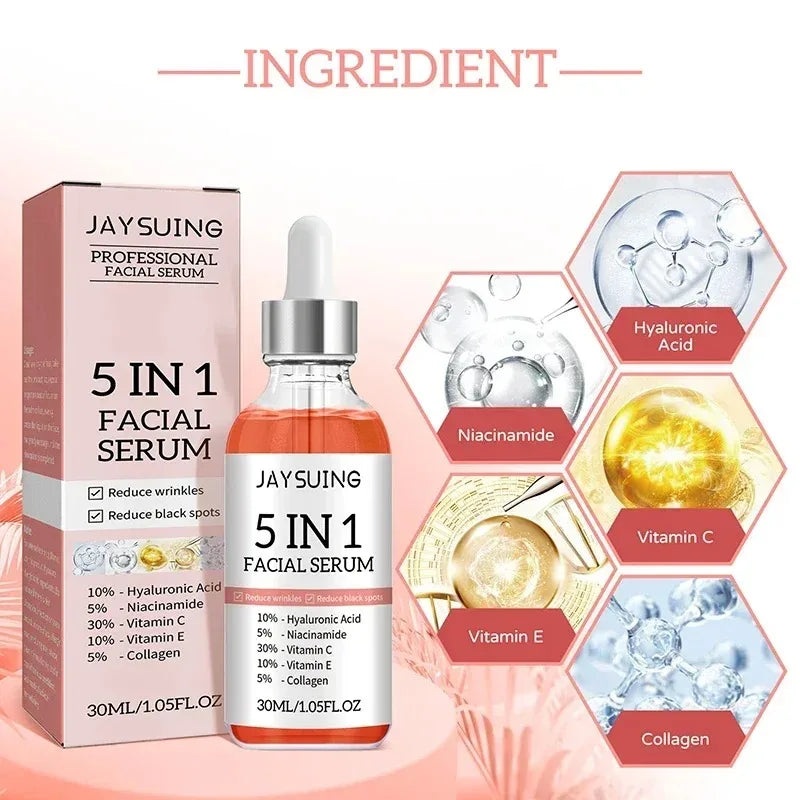 Sérum pour le visage 5 en 1, estompe les ridules, raffermissant, rétrécit les pores, hydratant, éclaircissant, acide hyaluronique, rétinol, 1/2/3 pièces
