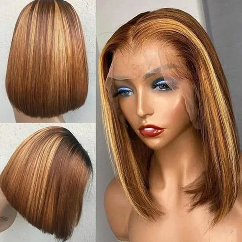 Perruque Lace Front Wig péruvienne P4/27, cheveux 100% naturels, à reflets, Blonde ombrée, lisse, avec Lace Closure, pour femmes