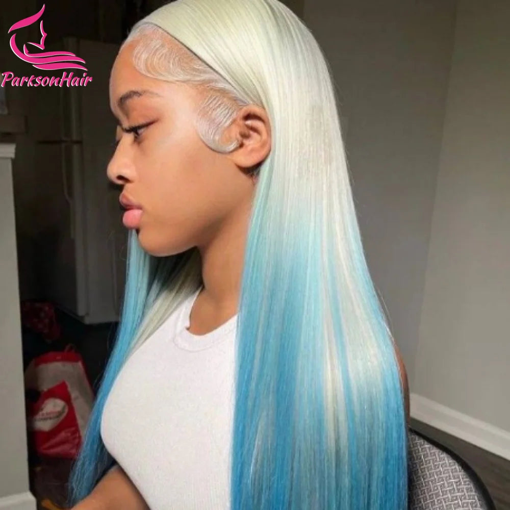 Perruque Lace Front Brésilienne Naturelle, Cheveux Lisses à Reflets, Couleur Bleue, Blanche Dégradé, 13x4, 13x6, HD, Transparent, Pre-Plucking, pour Femme