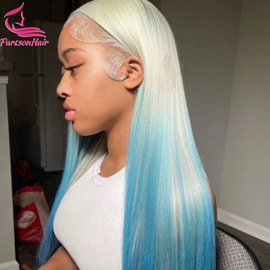 Perruque Lace Front Brésilienne Naturelle, Cheveux Lisses à Reflets, Couleur Bleue, Blanche Dégradé, 13x4, 13x6, HD, Transparent, Pre-Plucking, pour Femme