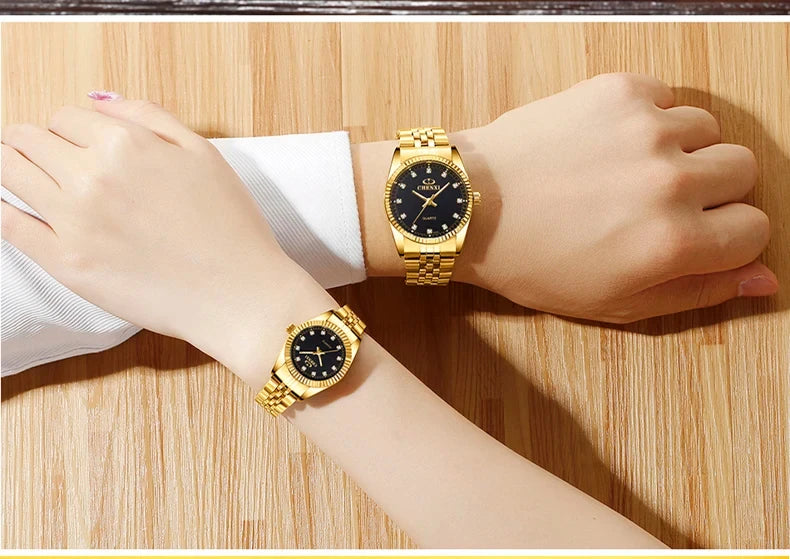 CHENghts-Montre de couple à quartz en acier inoxydable doré pour femme, horloge de luxe