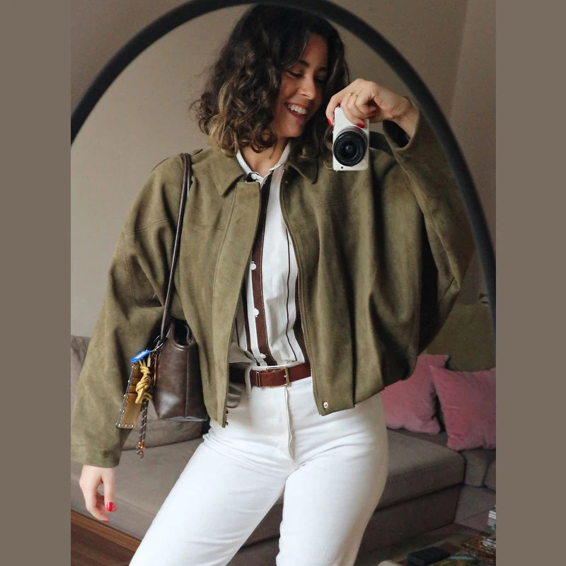Veste Bomber Femme en Daim - Fermeture Éclair Revers Manches Longues - Lencensa 