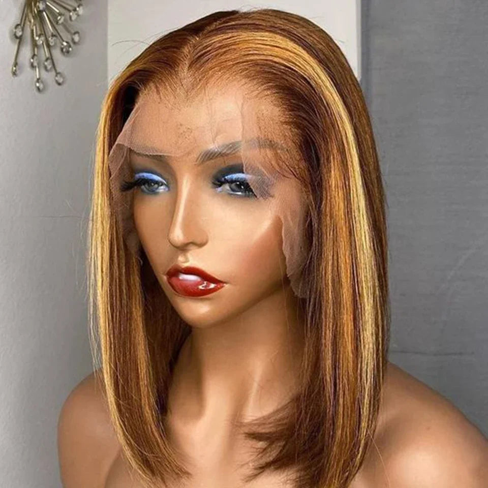 Perruque Lace Front Wig péruvienne P4/27, cheveux 100% naturels, à reflets, Blonde ombrée, lisse, avec Lace Closure, pour femmes