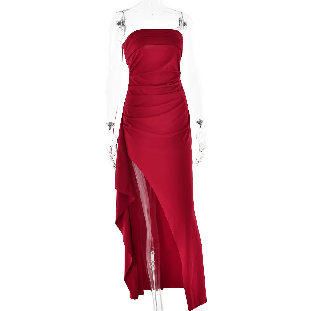 Robe Maxi fendue, épaules dénudées, élégante, taille haute, tenue de Club pour femmes, Sexy, sans bretelles, robe froncée