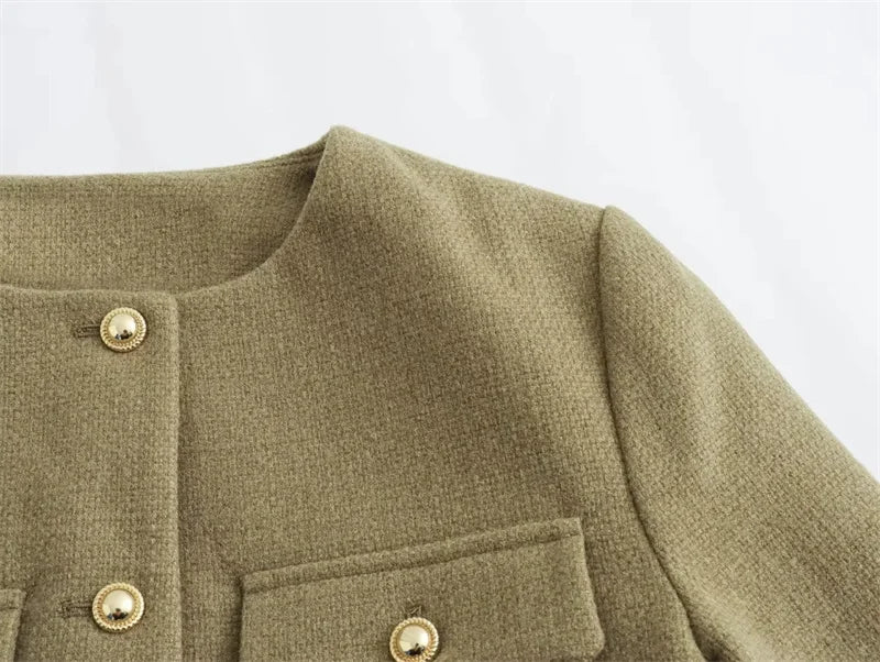 MUJER Tweed veste courte femme à manches longues veste Vintage femme mode bouton vestes élégantes pour les femmes nouveau en manteaux courts - Lencensa 
