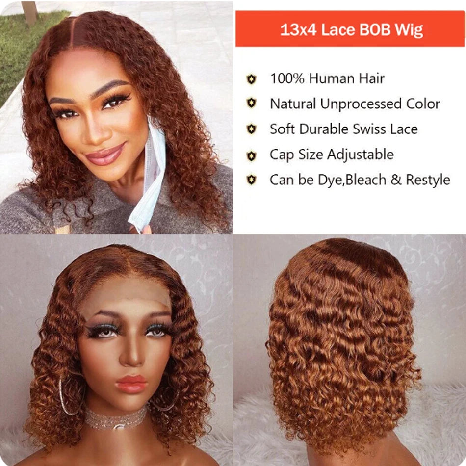 Perruque Bob Brésilienne Bouclée Brun Foncé, Cheveux Naturels, 13x4, pour Femme Africaine