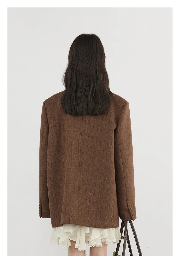 CHIC VEN-Blazer en laine vintage pour femme, veste à col en V, double boutonnage imbibé, manteau de bureau pour femme, printemps, automne, 2025 - Lencensa 