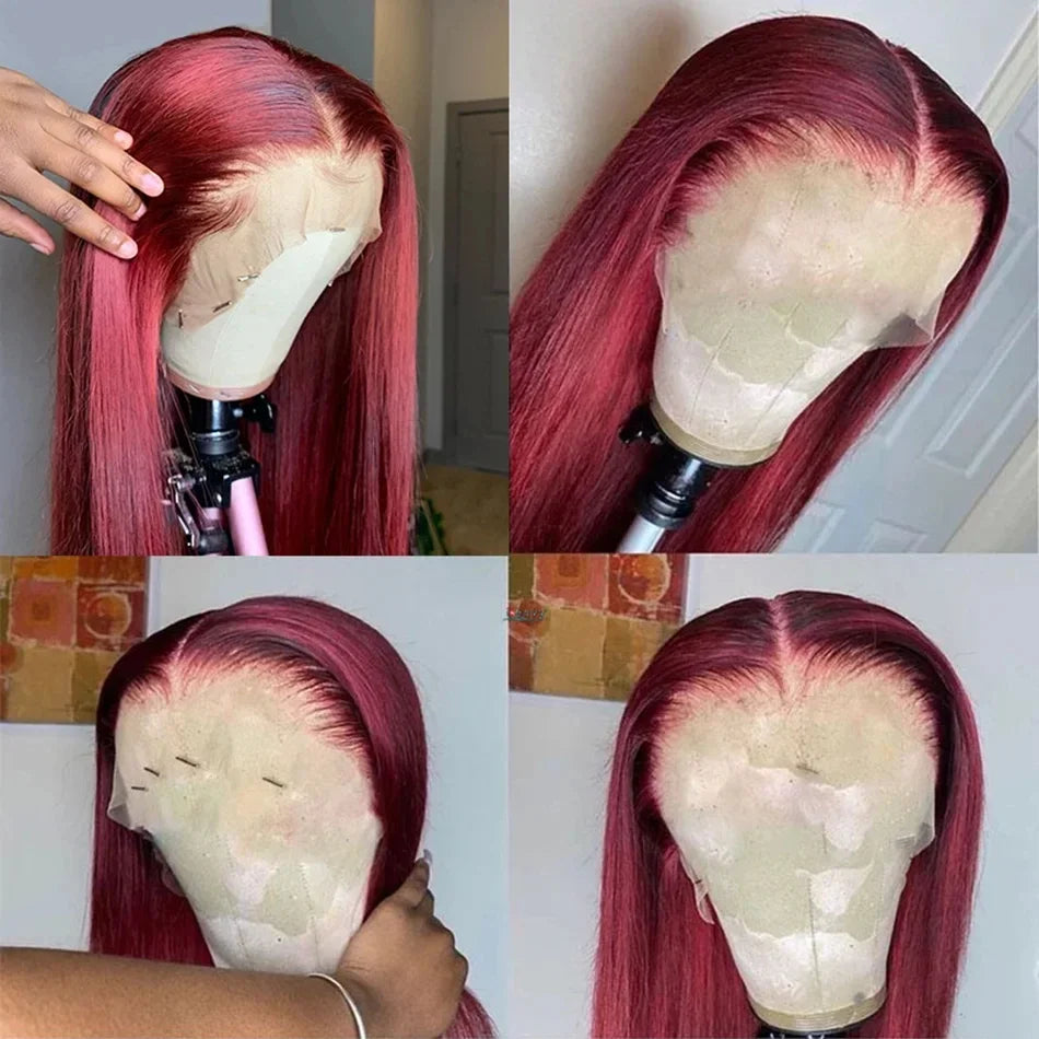 Perruque Lace Front Wig brésilienne naturelle, cheveux lisses, 13x6, 99J, 13x4, couleur rouge bordeaux, pre-plucked, 100%
