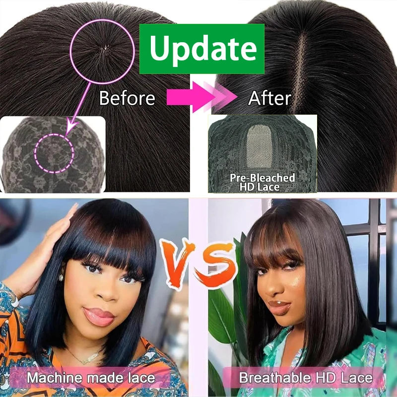 Perruque Bob avec frange cheveux humains os droit dentelle transparente partie centrale Bang perruque améliorée sans colle perruque de dentelle pour les femmes brésiliennes