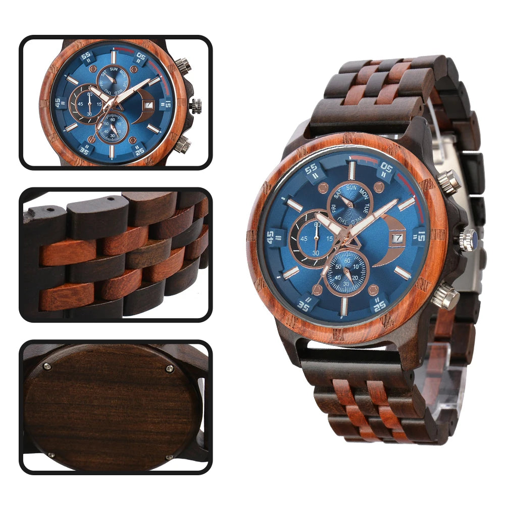 Montres-bracelets en bois pour hommes montres à Quartz de mode avec horloge Date semaine montres boîte en bois pour lui reloj hombre - Lencensa 