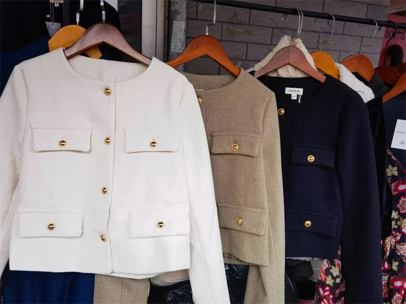 MUJER Tweed veste courte femme à manches longues veste Vintage femme mode bouton vestes élégantes pour les femmes nouveau en manteaux courts - Lencensa 