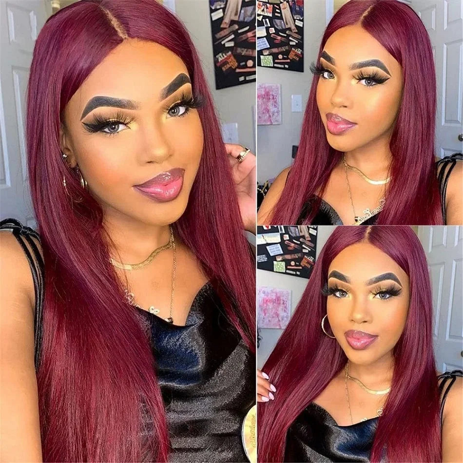 Perruque Lace Front Wig brésilienne naturelle, cheveux lisses, 13x6, 99J, 13x4, couleur rouge bordeaux, pre-plucked, 100%