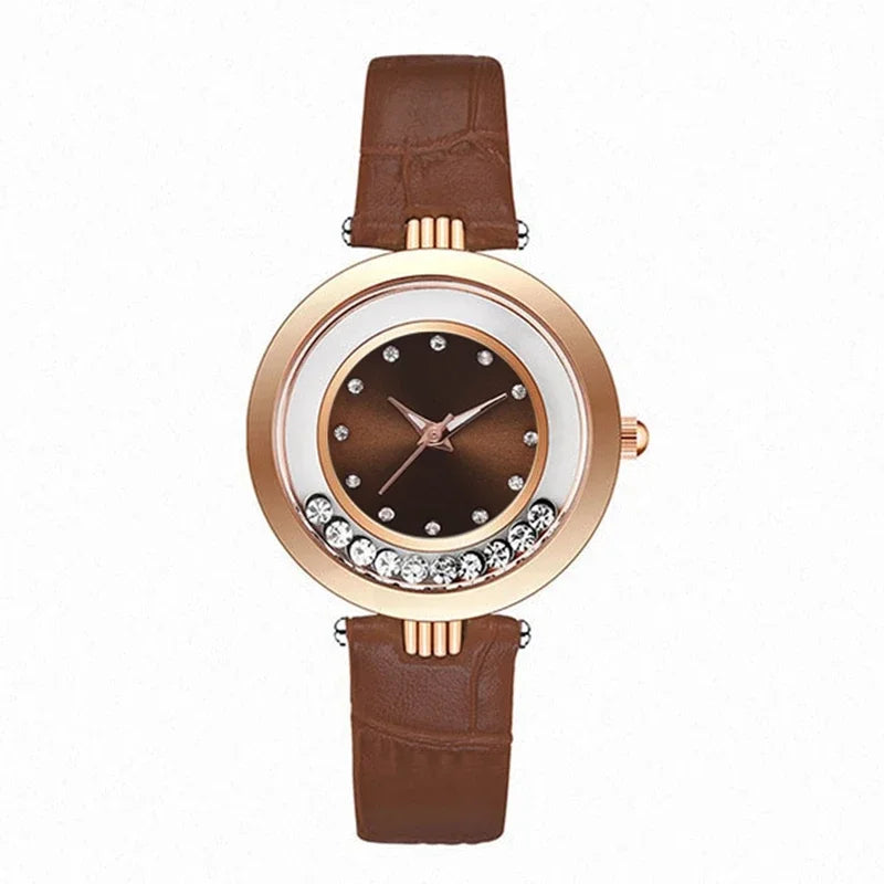 Montre à Quartz Analogique avec Ceinture en Cuir et Diamant pour Femme, Accessoire de Luxe