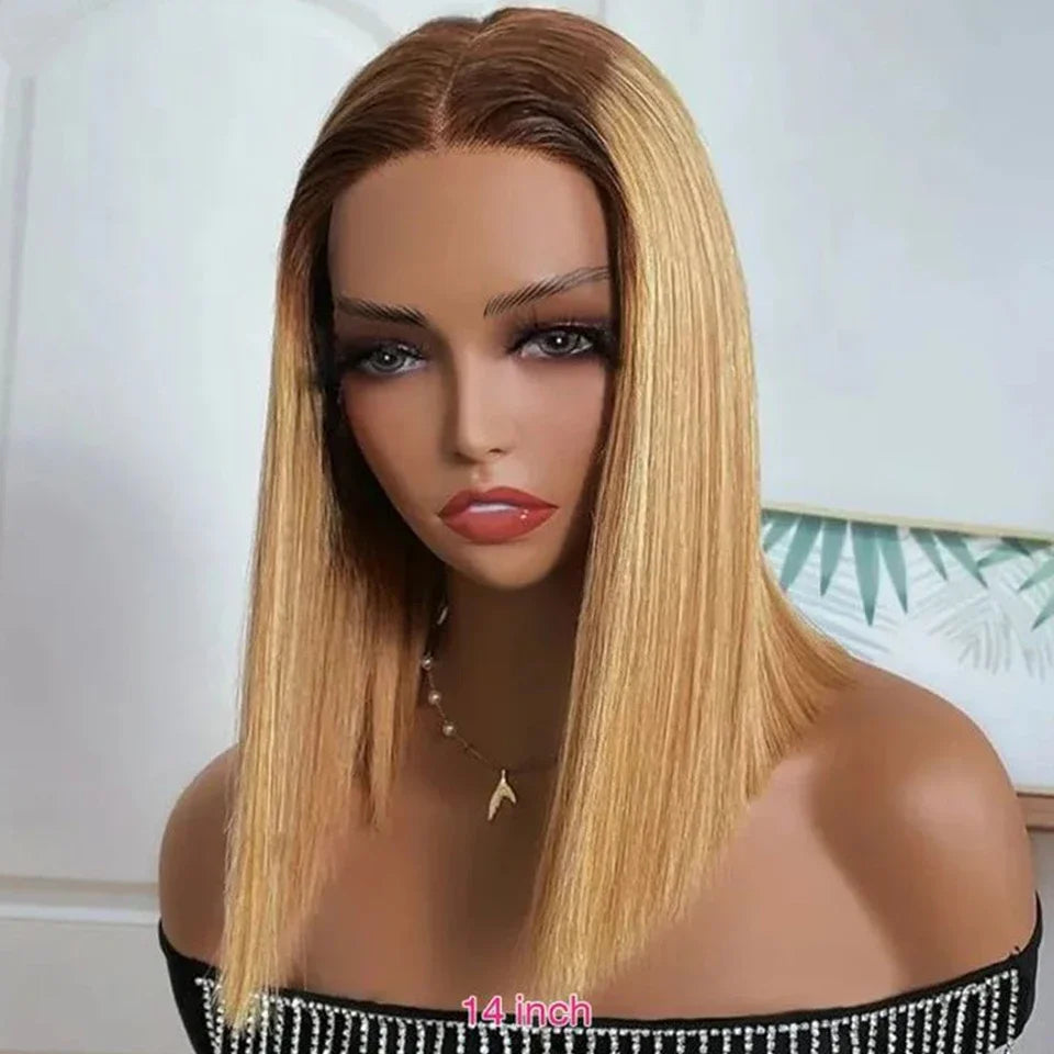 Perruque Lace Front Wig péruvienne P4/27, cheveux 100% naturels, à reflets, Blonde ombrée, lisse, avec Lace Closure, pour femmes