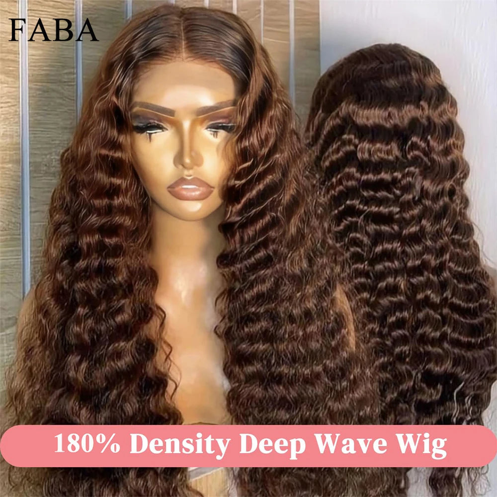FABA-Perruques de cheveux humains bouclés brun chocolat pour femmes, vague profonde avec cheveux de bébé, perruque avant en dentelle transparente HD, cheveux brésiliens humains - Lencensa 