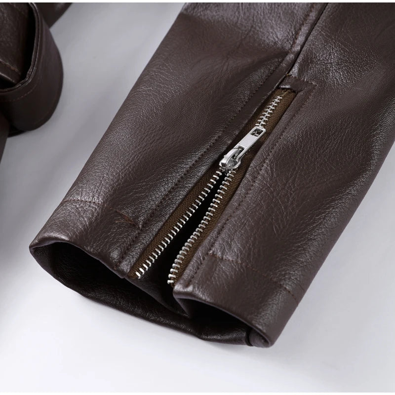 Veste Femme en Cuir Marron avec Ceinture - Style Motard Automne