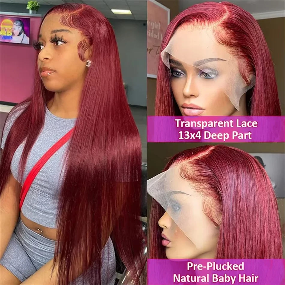 Perruque Lace Front Wig brésilienne naturelle, cheveux lisses, 13x6, 99J, 13x4, couleur rouge bordeaux, pre-plucked, 100%