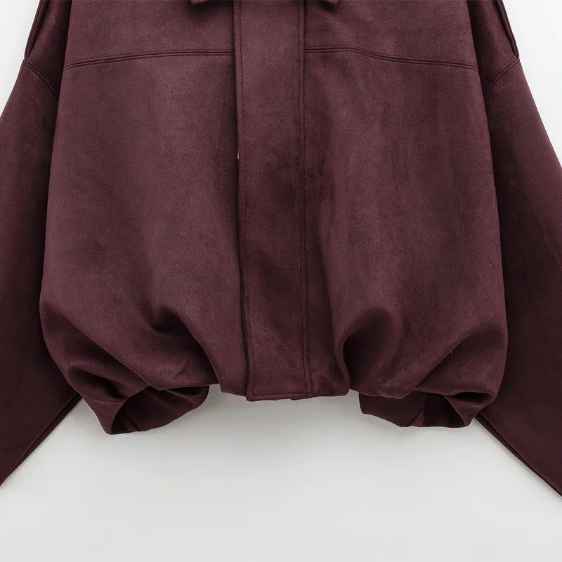 Veste Bomber Femme en Daim - Fermeture Éclair Revers Manches Longues - Lencensa 