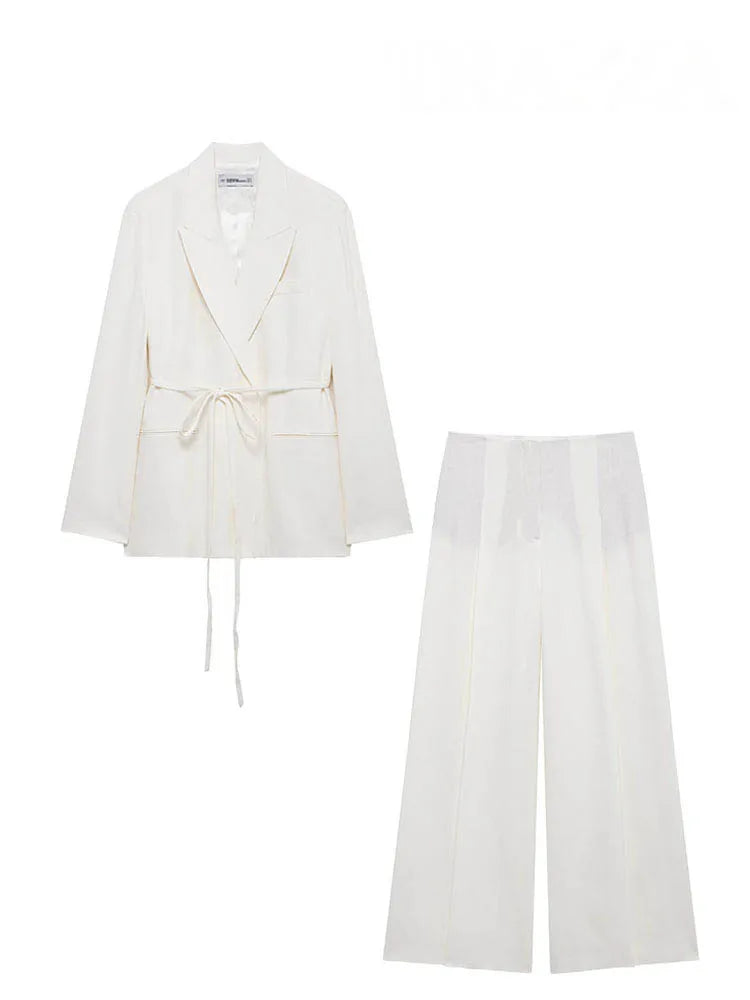 HH – costumes pour femmes, col rabattu blanc, manches longues, blazer à lacets + pantalon Long taille haute avec fermeture éclair, ensembles de mode printemps - Lencensa 