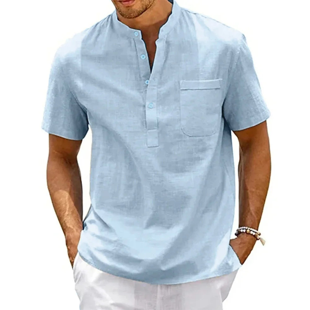 Chemise Homme King Billion - Col Henley Coton Lin Manches Courtes Été - Lencensa 