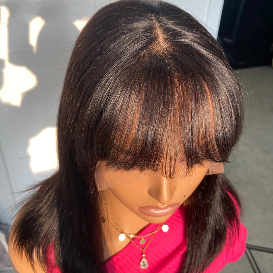 Perruque Bob Lace Front Wig naturelle péruvienne, cheveux courts et lisses, avec frange, cheveux Remy brésiliens, partie facile, pour femmes