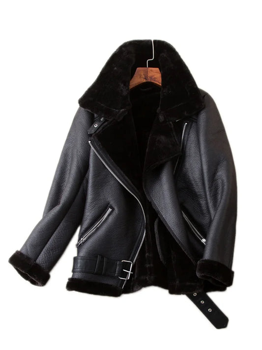 Manteau Hiver Premium Femme - Veste Cuir Fourrure Mouton Haute Qualité