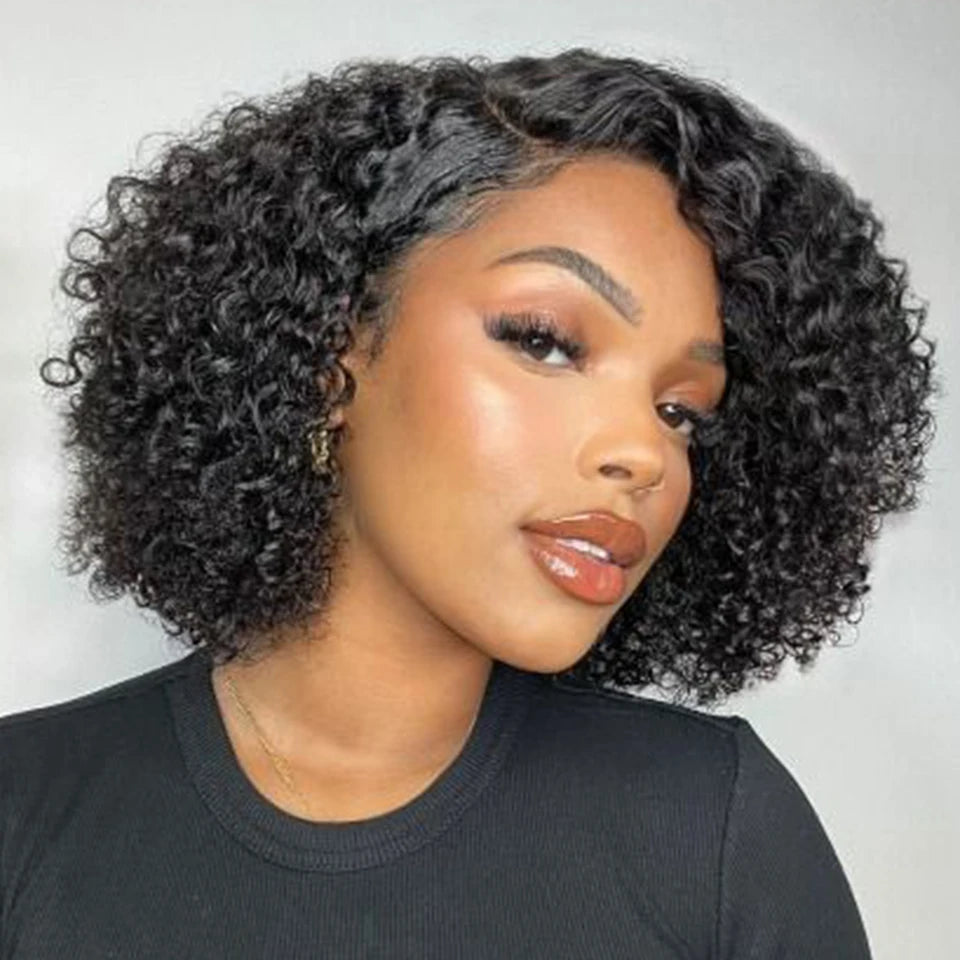 Perruque Bob Lace Wig Péruvienne Naturelle pour Femme Africaine, Cheveux Crépus Bouclés, Deep Curly, Baby Hair, Pixie Water Wave