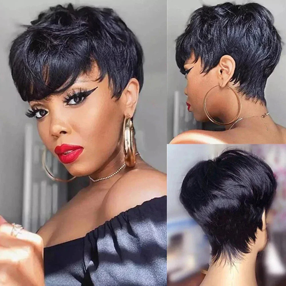 Perruque Naturelle Courte avec Frange pour Femme Noire, Cheveux Lisses, Coupe Pixie, Faite à la Machine, Bon Marché