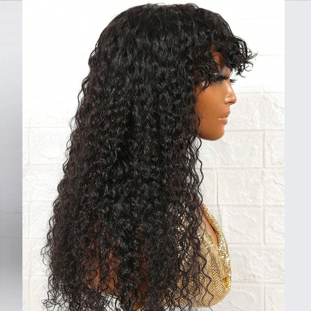 Perruque Brésilienne Ondulée avec Frange pour Femme Noire, Cheveux Naturels Bouclés, Bon Marché, 12A, en Promotion