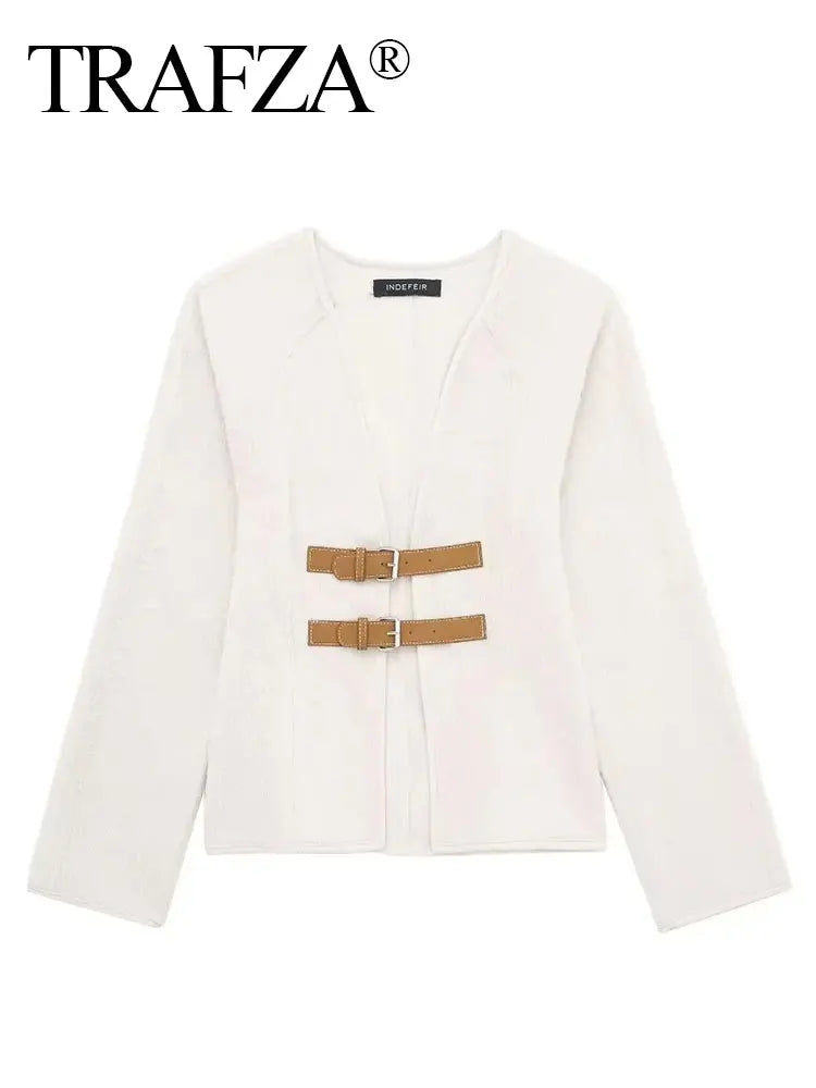 Manteau Lencensa - TRAFZA Rétro Cuir Boucle Laine Col V Beige Femme - Lencensa 