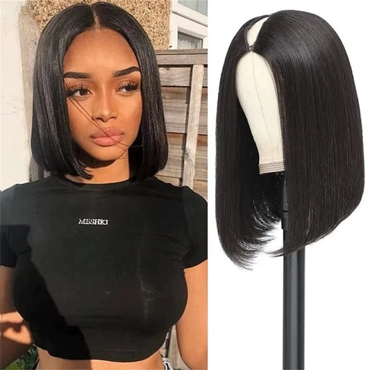 Perruque Bob brésilienne lisse, cheveux naturels, partie en V, couleur naturelle, demi-perruque à Clip pour femmes