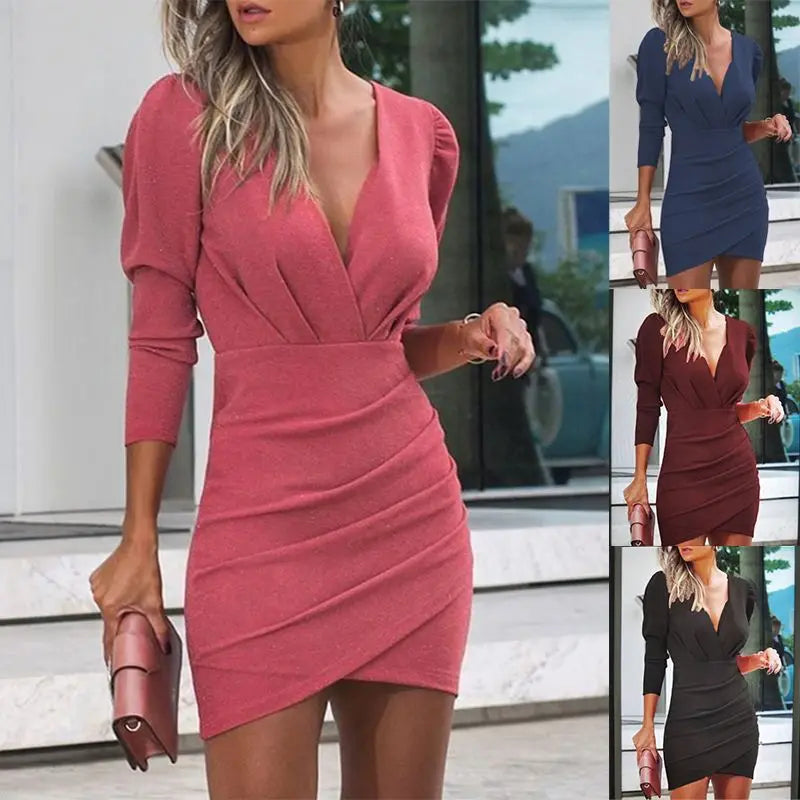Mini Robe Sexy Femme - Manches Longues et Col V Plissé
