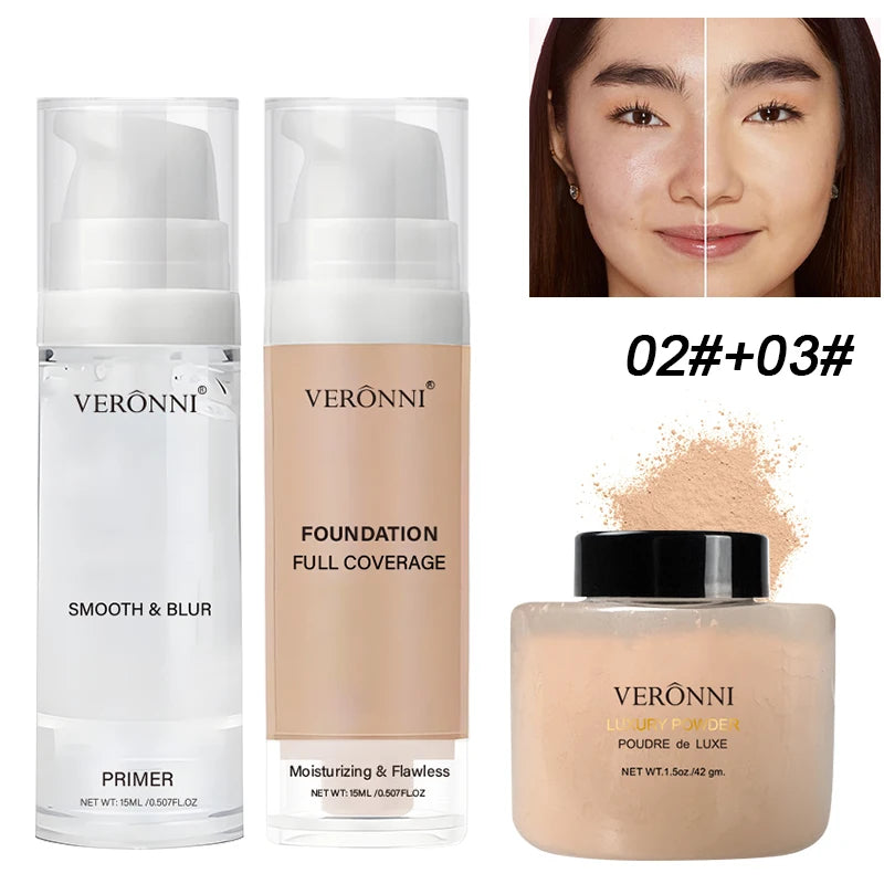 Kit de maquillage pour le visage, 3 pièces, comprend un fond de teint liquide à couverture complète de 15ml, primaire de maquillage hydratant et une poudre libre, résistant à la sueur