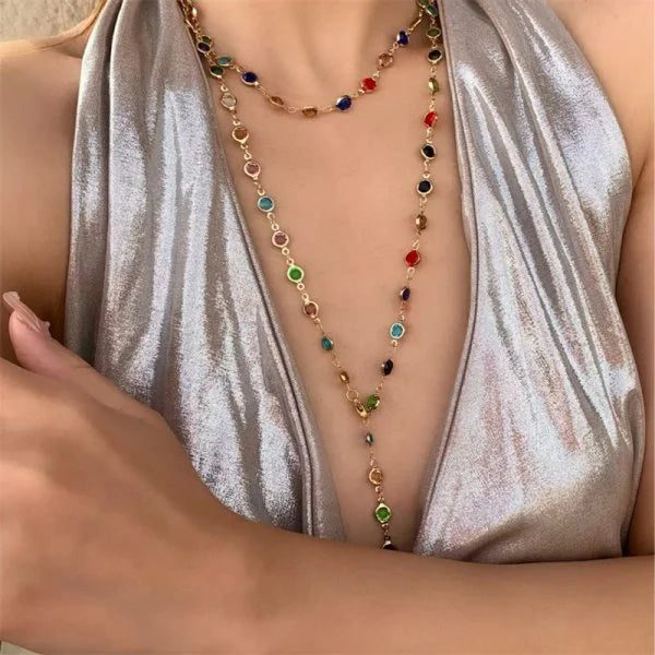 Collier Long en forme de Y en verre, couleur or argent, chaîne de clavicule en métal, fête de vacances d'été, bijoux de corps bohème, cadeaux