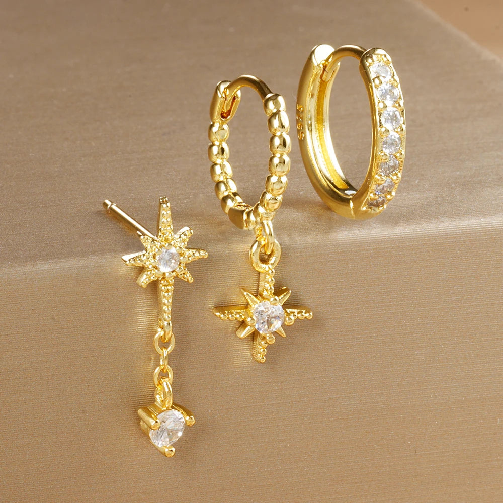 3 pièces de luxe étoile pendentif Piercing boucles d'oreilles ensemble pour les femmes en acier inoxydable Zircon Punk clous d'oreille boucle d'oreille dame bijoux aretes