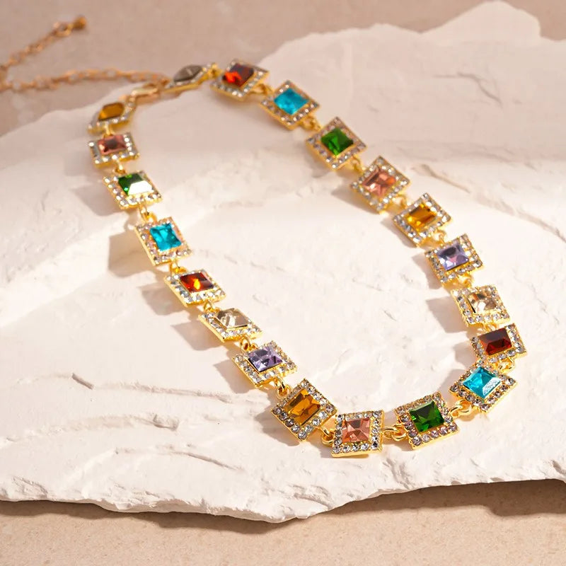 Rotterdam Kly-Collier Ras du Cou avec Strass Colorés, Géométrique, Rond, Carré, Clip, Bijoux de Mariage pour Femme Patiente