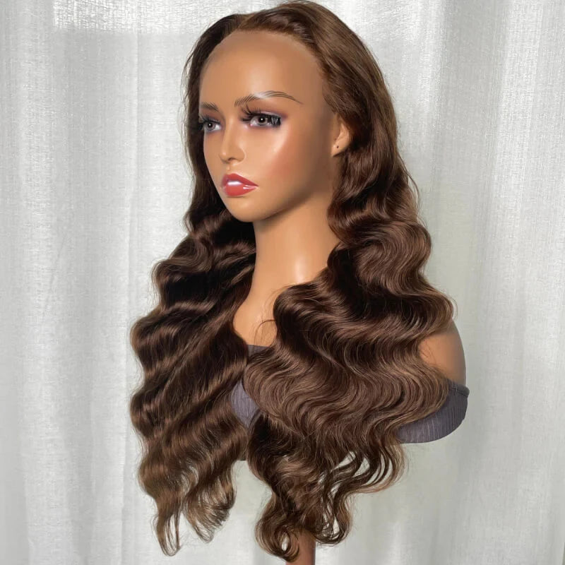Perruque Lace Front Wig Body Wave brésilienne transparente HD, brun chocolat, brun foncé, 13x4, 28 ", 30", pre-plucked
