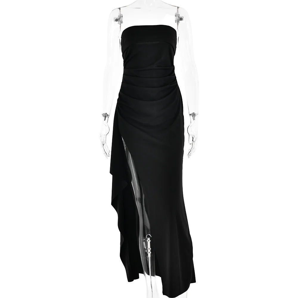 Robe Maxi fendue, épaules dénudées, élégante, taille haute, tenue de Club pour femmes, Sexy, sans bretelles, robe froncée