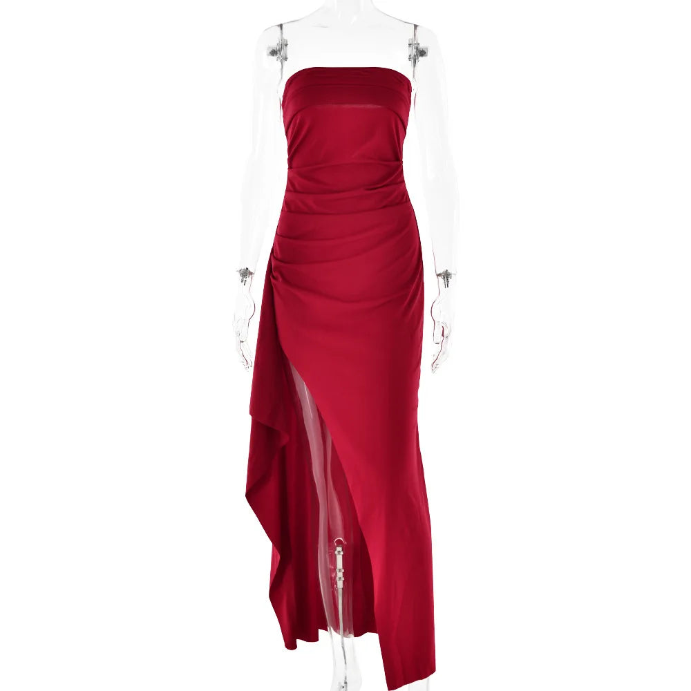 Robe Maxi fendue, épaules dénudées, élégante, taille haute, tenue de Club pour femmes, Sexy, sans bretelles, robe froncée