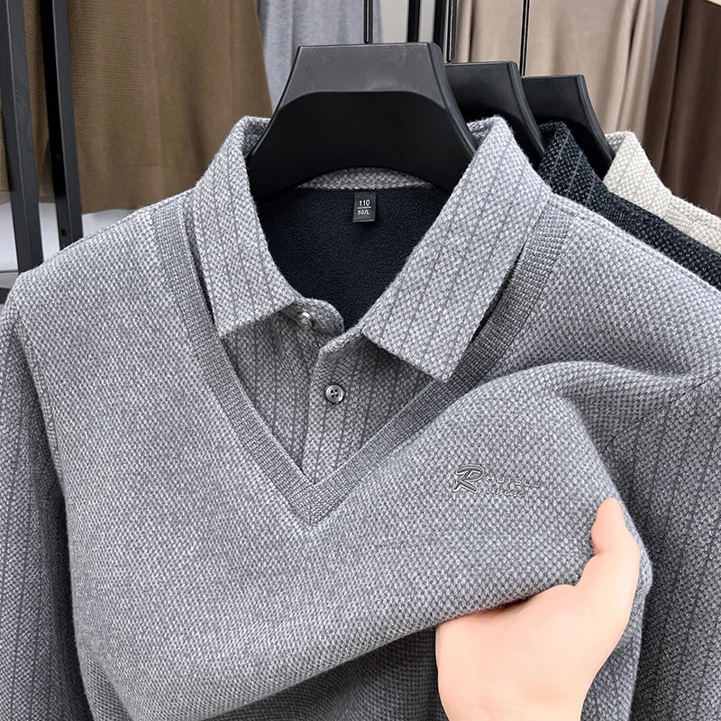 Marque de luxe hommes en peluche faux deux pièces à manches longues tricoté pull hiver nouvelle couleur unie imprimé chaud mode affaires vêtements pour hommes - Lencensa 