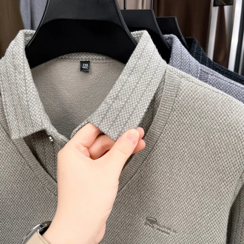 Marque de luxe hommes en peluche faux deux pièces à manches longues tricoté pull hiver nouvelle couleur unie imprimé chaud mode affaires vêtements pour hommes - Lencensa 