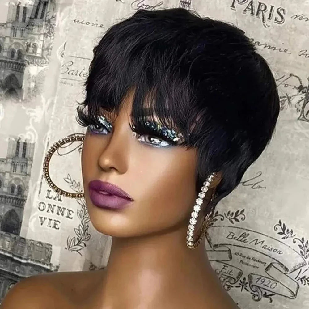 Perruque Naturelle Courte avec Frange pour Femme Noire, Cheveux Lisses, Coupe Pixie, Faite à la Machine, Bon Marché