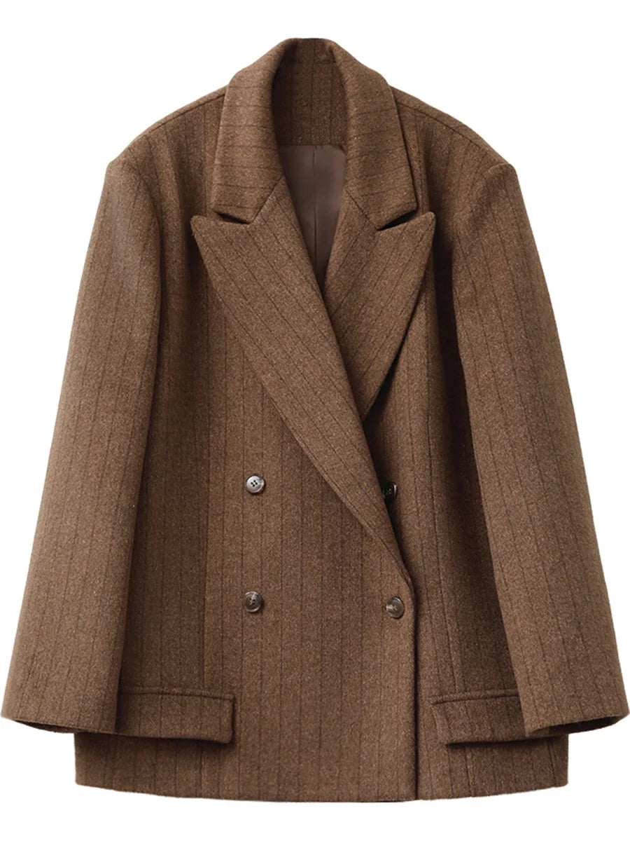CHIC VEN-Blazer en laine vintage pour femme, veste à col en V, double boutonnage imbibé, manteau de bureau pour femme, printemps, automne, 2025 - Lencensa 