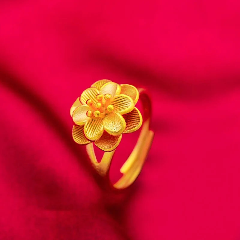 Bague Or 24K Réglable Femme - Fleur Pistolet Au999 Authentique