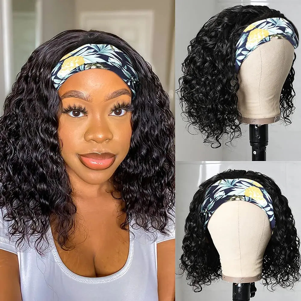 Perruque brésilienne courte vague d'eau bandeau perruques de cheveux humains pour les femmes courte bouclée aucune dentelle bandeau perruque 180 densité perruque de cheveux humains