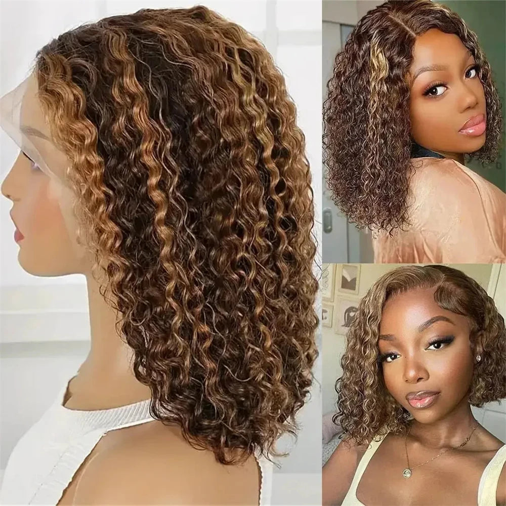 Ombre mettre en évidence P4/27 péruvien Remy cheveux courts Bob perruques de cheveux humains perruque Blonde profonde bouclée Bob perruque 13x4 dentelle avant perruques pour les femmes