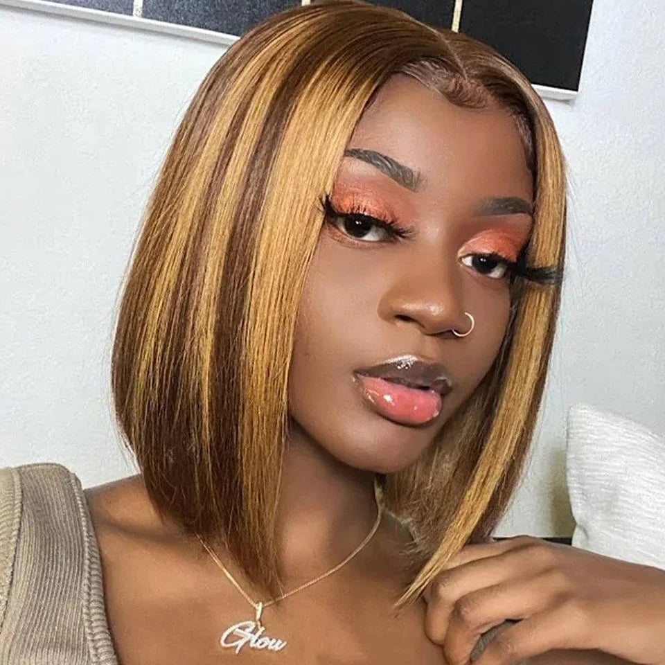 Perruque Lace Front Wig péruvienne P4/27, cheveux 100% naturels, à reflets, Blonde ombrée, lisse, avec Lace Closure, pour femmes