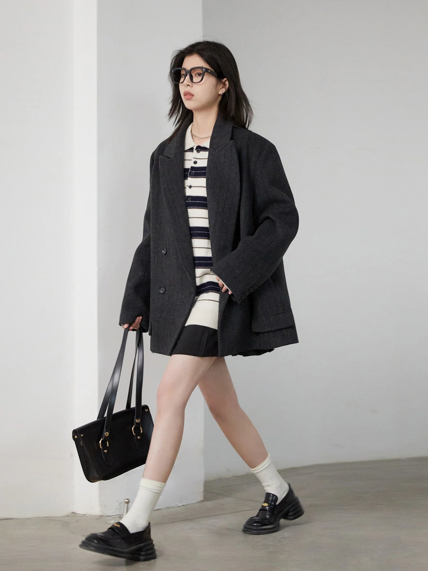 CHIC VEN-Blazer en laine vintage pour femme, veste à col en V, double boutonnage imbibé, manteau de bureau pour femme, printemps, automne, 2025 - Lencensa 